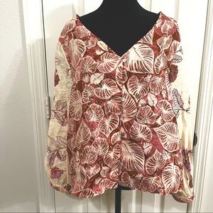 NWT Tahari linen floral and palm print long balloon sleeve blouse top small